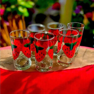 Indiana Glass Strawberry Decal Drinking Glasses Set of 6 Retro Vintage Tumblers